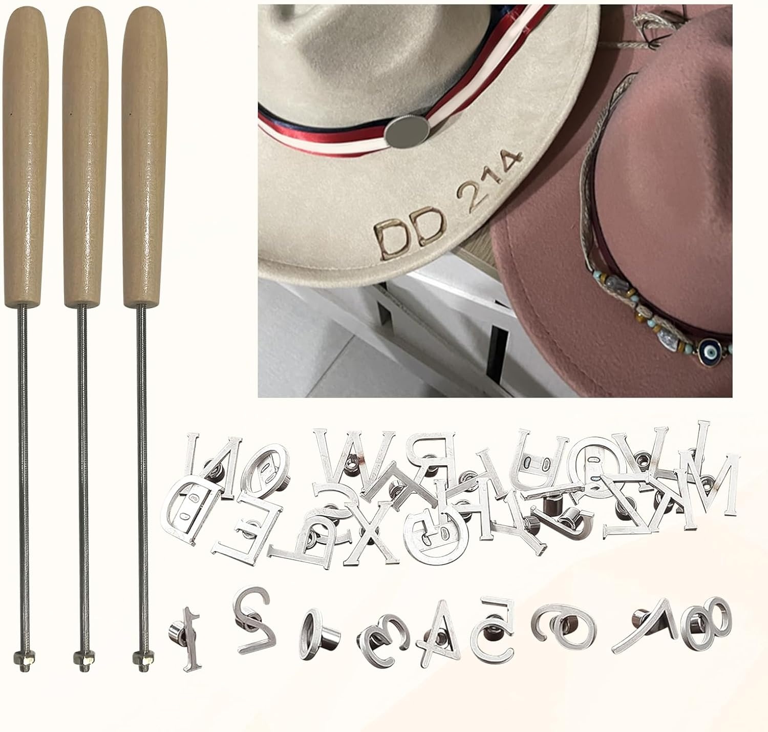 Mini Branding IJzer Set 2,5 cm - 26 Letters, 10 Cijfers en 3 Handvatten - Zilverkleurig