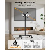 Mobiele tv-standaard op wielen voor tv's en monitoren 17-55 inch, in hoogte verstelbaar, 180° draaibaar liggend/portret, Max VESA 300x300 mm, tot 30 k
