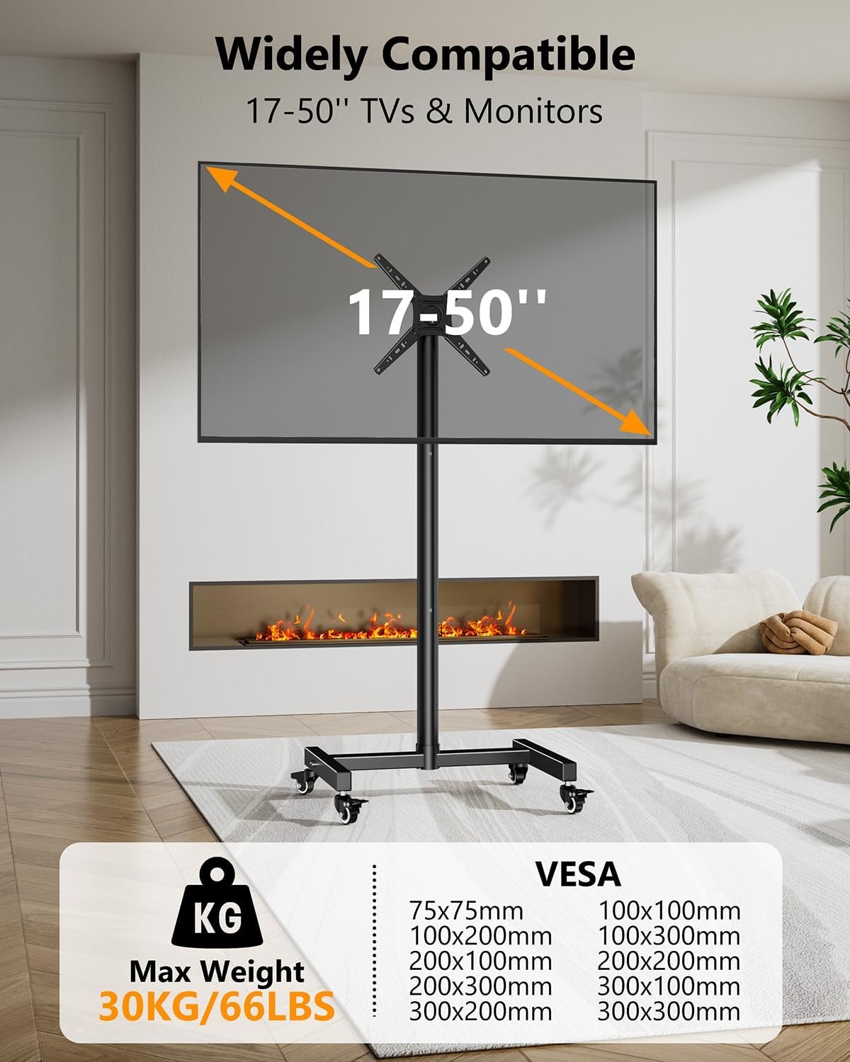 Mobiele tv-standaard op wielen voor tv's en monitoren 17-55 inch, in hoogte verstelbaar, 180° draaibaar liggend/portret, Max VESA 300x300 mm, tot 30 k