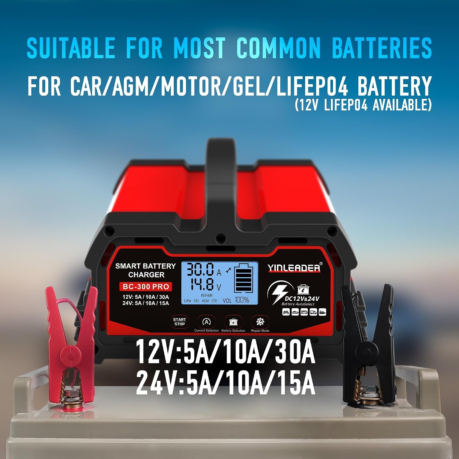 Yinleader Acculader voor auto, 30 A, 12 V/24 V, volautomatisch, intelligent, met lcd-display