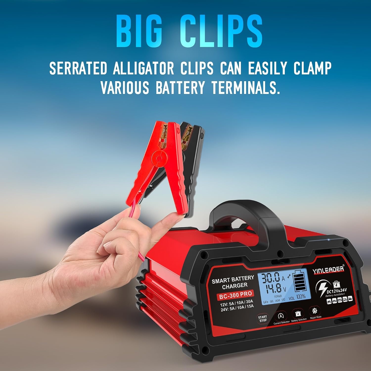 Yinleader Acculader voor auto, 30 A, 12 V/24 V, volautomatisch, intelligent, met lcd-display