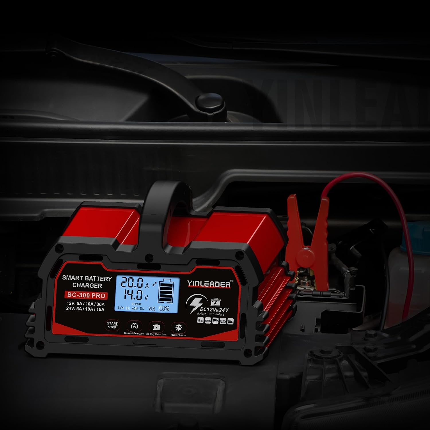 Yinleader Acculader voor auto, 30 A, 12 V/24 V, volautomatisch, intelligent, met lcd-display