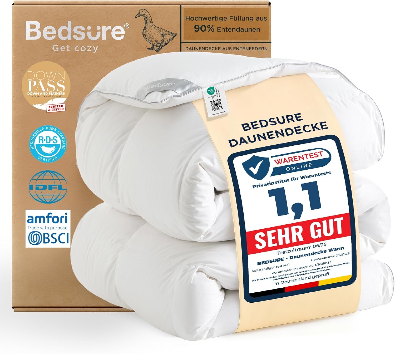 BEDSURE Donzen dekbed 155 x 220 cm, warm winterdekbed van 90% dons / 10% veren 1480 gr. dikke vulling, extra warm verendekbed met Öko-Tex-certificaat, wasbaar quilt wit
