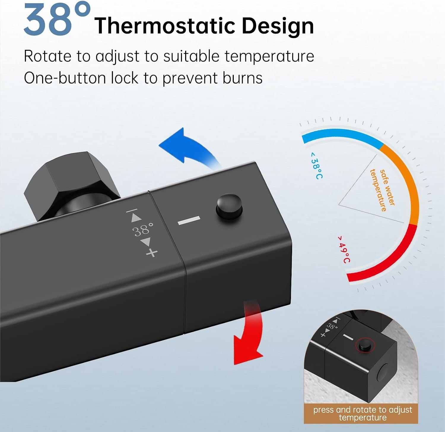 Ronvie Thermostatische douchemengstang - twee uitgangen wandgemonteerde messing klep, 38 °C veiligheidsslot en koel aanraakoppervlak met 1/2" G boven- en onderkant BSP-aansluitingen, matzwart