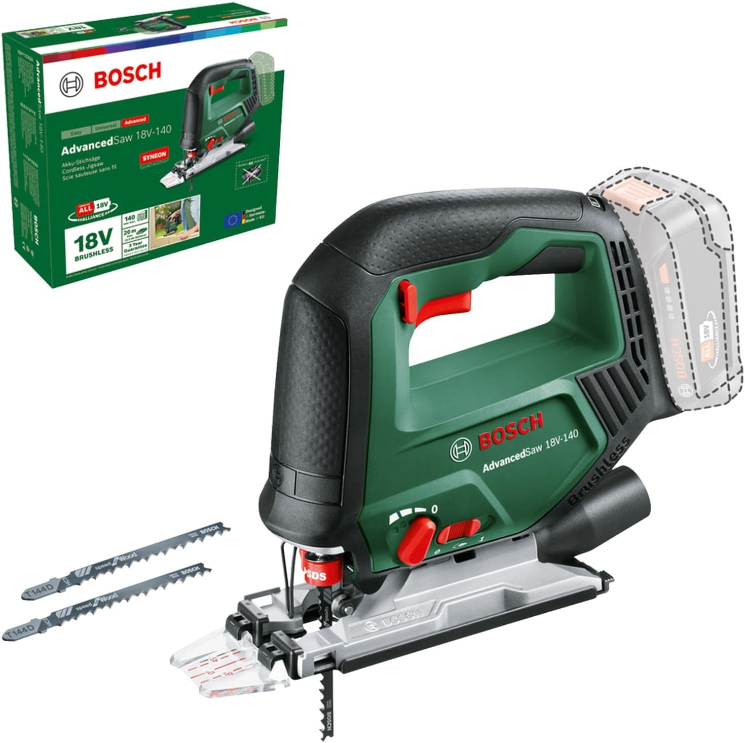 Bosch accudecoupeerzaag AdvancedSaw 18V-140 (pendelfunctie; borstelloze motor; zaagdiepte in hout/staal/aluminium: 140 mm/10 mm/20 mm; 3 x zaagblad; 18V System; zonder accu & lader; in kartonnen doos)