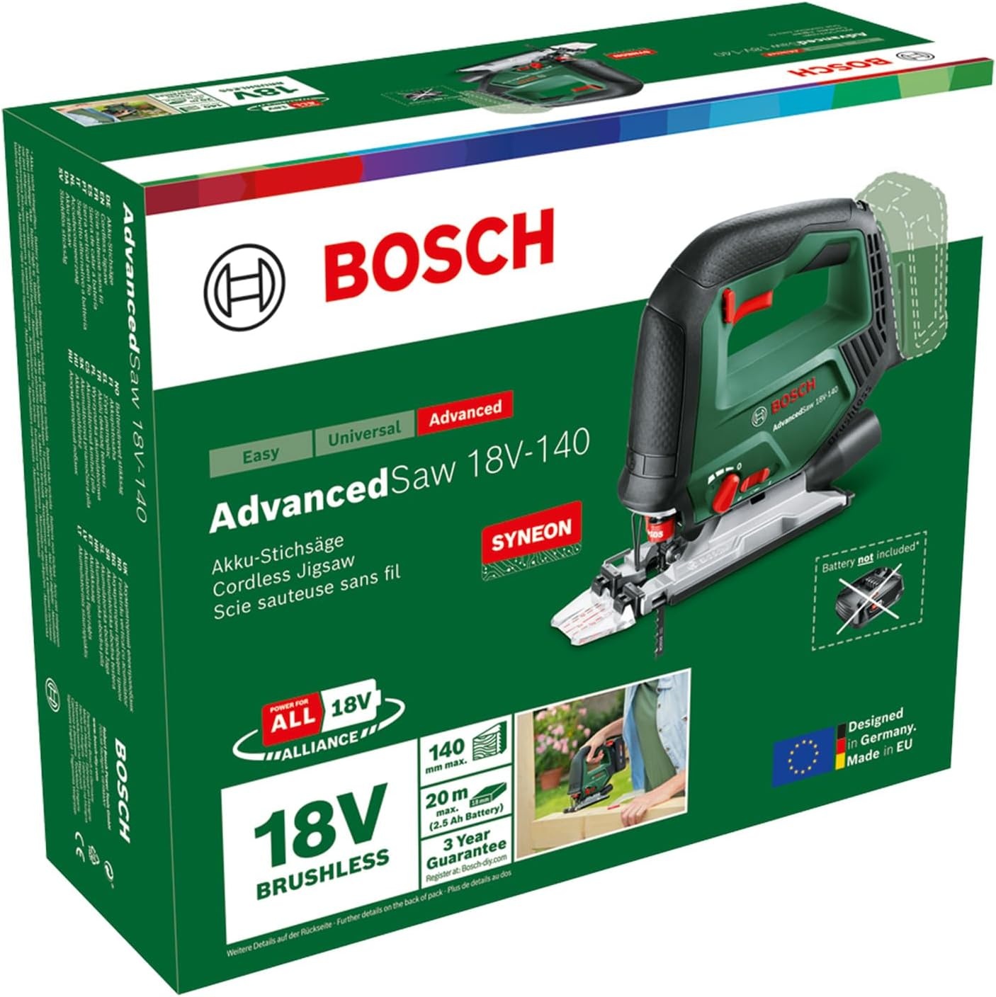 Bosch accudecoupeerzaag AdvancedSaw 18V-140 (pendelfunctie; borstelloze motor; zaagdiepte in hout/staal/aluminium: 140 mm/10 mm/20 mm; 3 x zaagblad; 18V System; zonder accu & lader; in kartonnen doos)
