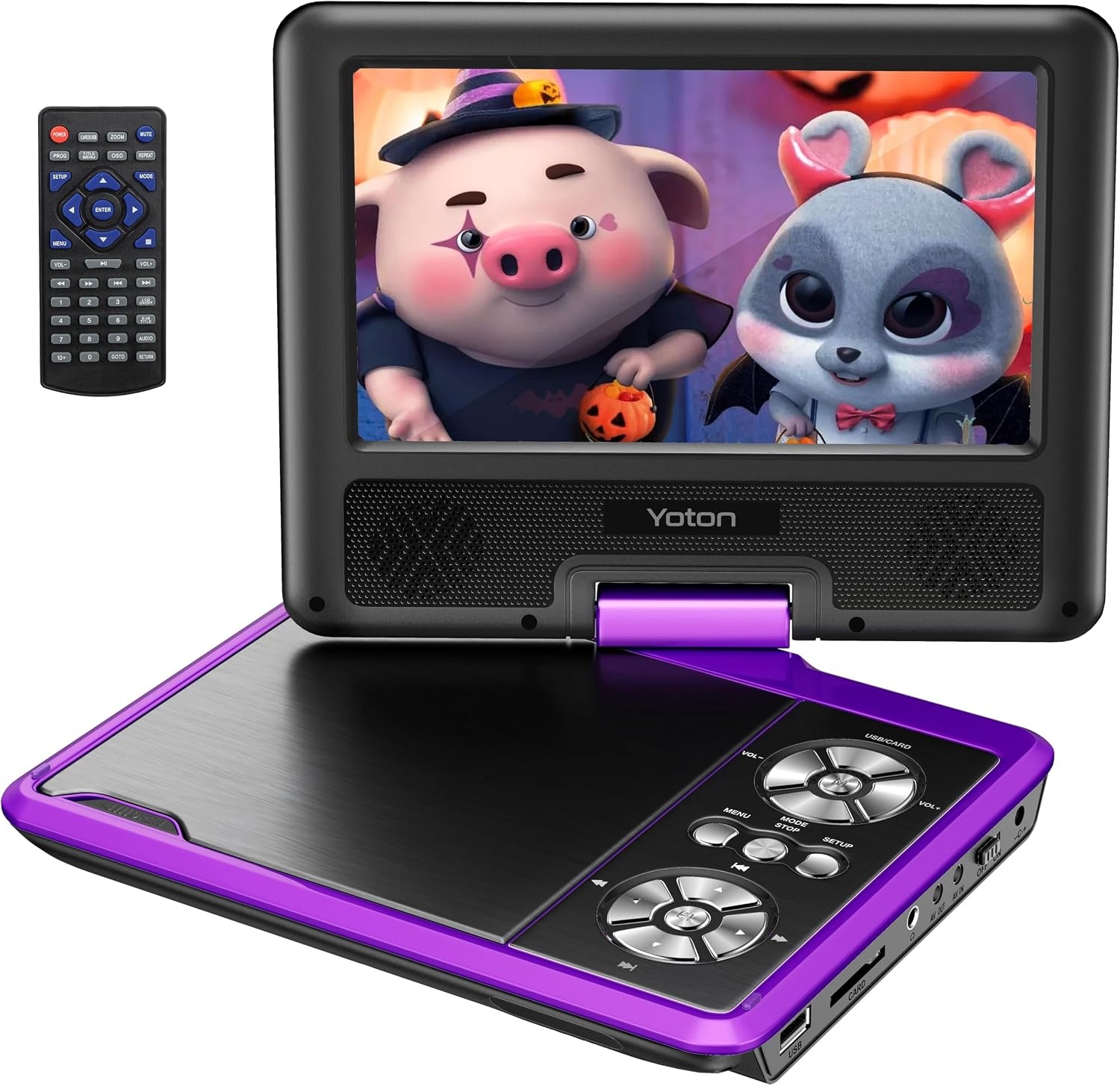 YOTON 9,5 inch draagbare dvd-speler met 7,5 inch HD-draaibaar scherm voor auto en kinderen, 4-6 uur werktijd met ingebouwde batterij, hoofdtelefoon/AV-IN/AV-OUT/USB/SD-kaart [Geen ondersteuning voor
