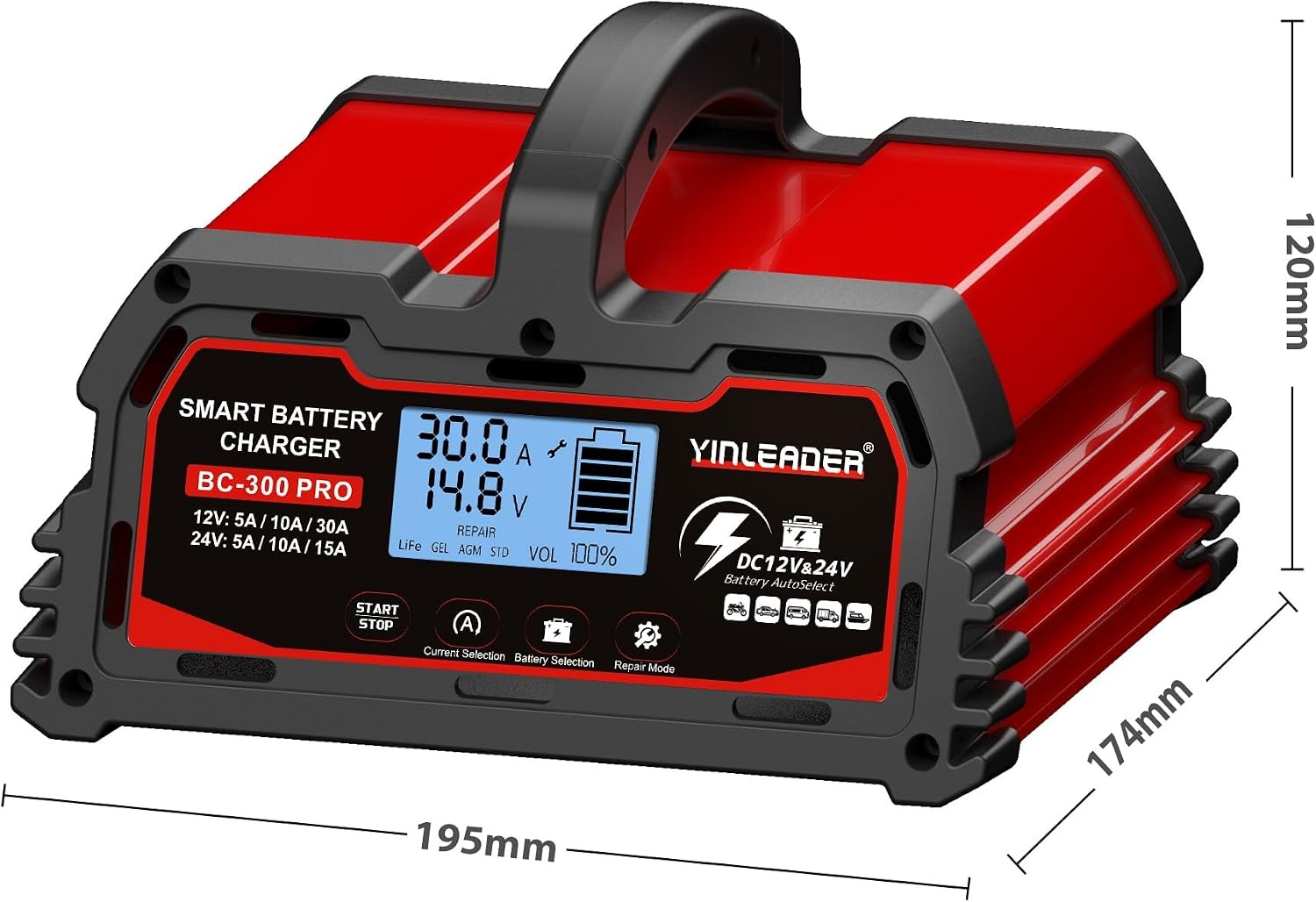 Yinleader Acculader voor auto, 30 A, 12 V/24 V, volautomatisch, intelligent, met lcd-display