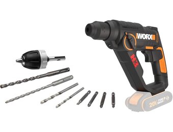 WORX WX390.9 boorhamer SDS-plus 20 V, krachtige boormachine met pneumatische hamerwerk en tweede handgreep, ideaal voor schroeven, boren en hameren, 1,2 J slagenergie, zonder accu en oplader
