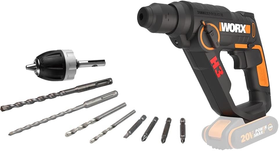 WORX WX390.9 boorhamer SDS-plus 20 V, krachtige boormachine met pneumatische hamerwerk en tweede handgreep, ideaal voor schroeven, boren en hameren, 1,2 J slagenergie, zonder accu en oplader