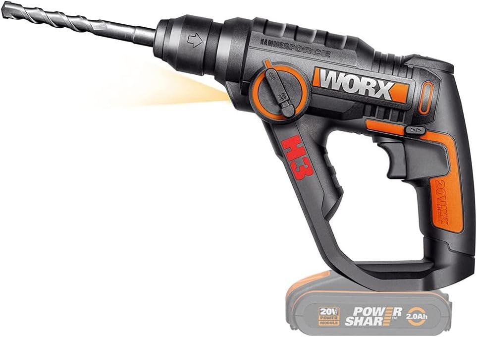WORX WX390.9 boorhamer SDS-plus 20 V, krachtige boormachine met pneumatische hamerwerk en tweede handgreep, ideaal voor schroeven, boren en hameren, 1,2 J slagenergie, zonder accu en oplader
