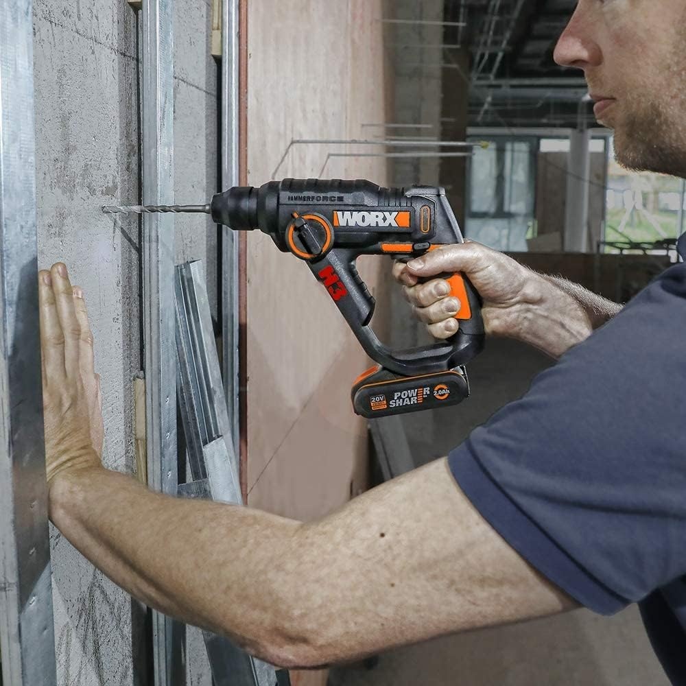 WORX WX390.9 boorhamer SDS-plus 20 V, krachtige boormachine met pneumatische hamerwerk en tweede handgreep, ideaal voor schroeven, boren en hameren, 1,2 J slagenergie, zonder accu en oplader