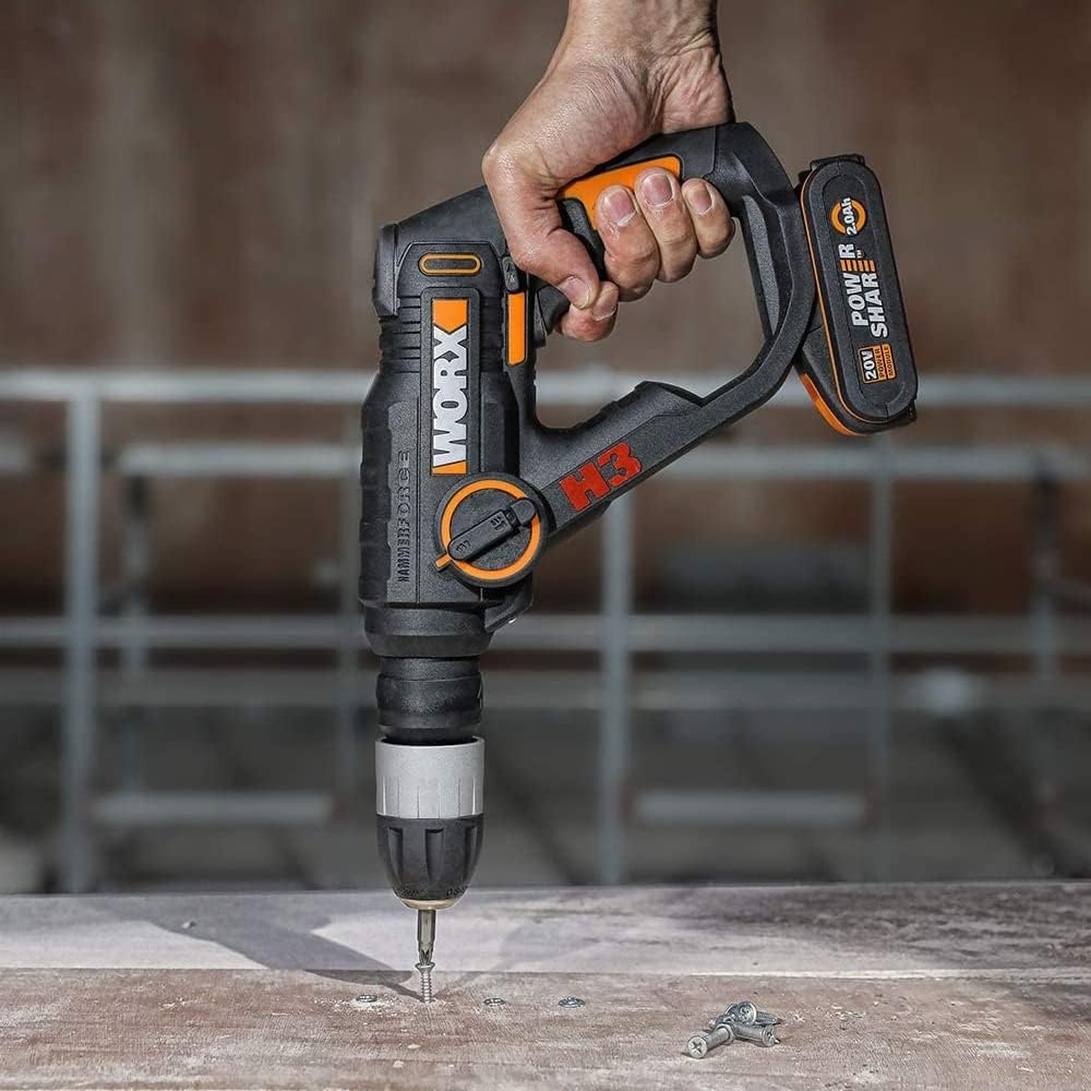 WORX WX390.9 boorhamer SDS-plus 20 V, krachtige boormachine met pneumatische hamerwerk en tweede handgreep, ideaal voor schroeven, boren en hameren, 1,2 J slagenergie, zonder accu en oplader