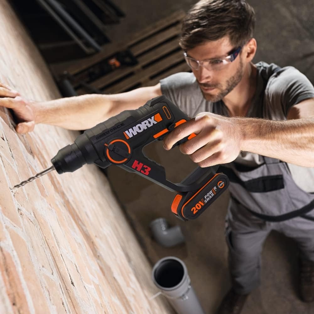 WORX WX390.9 boorhamer SDS-plus 20 V, krachtige boormachine met pneumatische hamerwerk en tweede handgreep, ideaal voor schroeven, boren en hameren, 1,2 J slagenergie, zonder accu en oplader