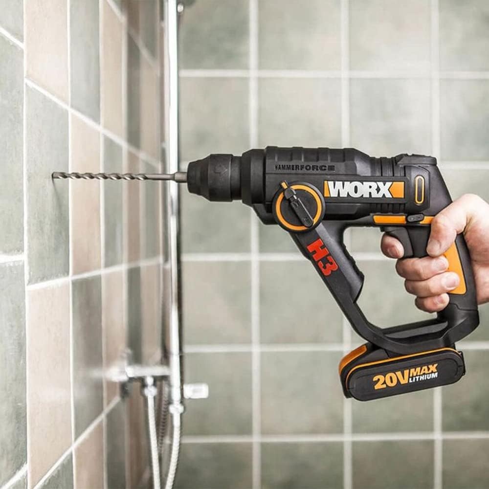 WORX WX390.9 boorhamer SDS-plus 20 V, krachtige boormachine met pneumatische hamerwerk en tweede handgreep, ideaal voor schroeven, boren en hameren, 1,2 J slagenergie, zonder accu en oplader