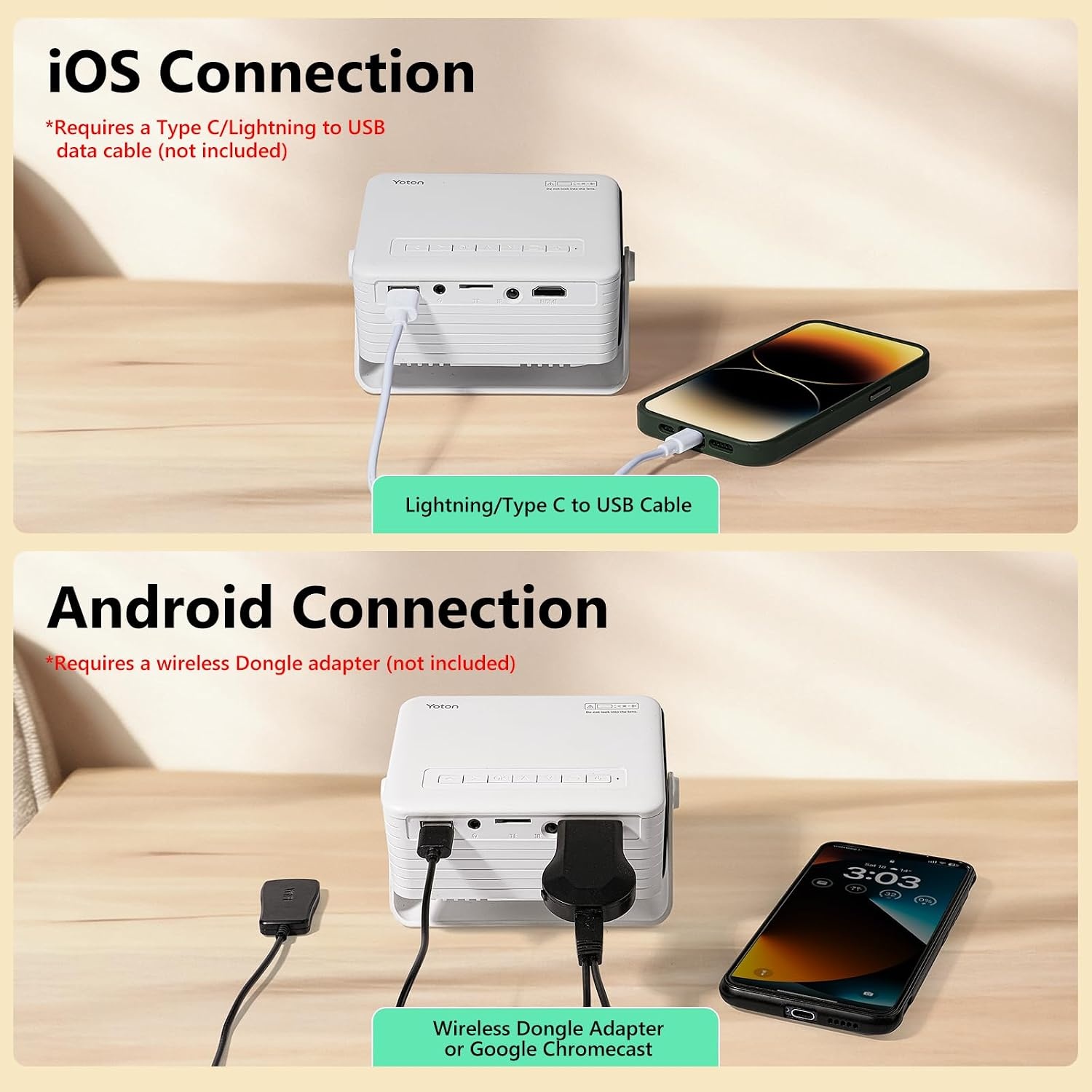 Mini Draagbare Projector - Ondersteunt Full HD 1080P, Yoton Y3 Projector Compatibel met Mobiel, Telefoons, PC, PS5 en Xbox, USB, HDMI, SD, AV Ingangen, Ideaal voor Kinderen als Cadeau