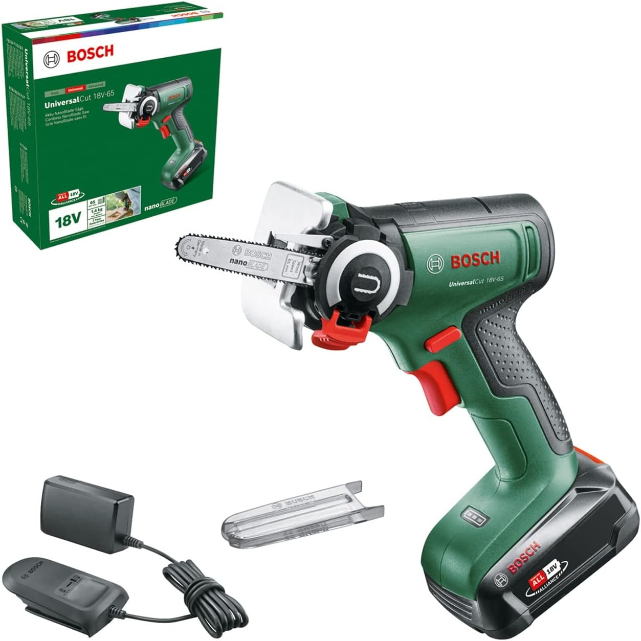Bosch Accu-NanoBlade-zaag UniversalCut 18V-65 (snel vrij snijden in hout, houtmaterialen en plastic; max. zaagdiepte 65 mm; 18 volt-systeem; 1x 2,5 Ah accu en oplader) - Maat UniversalCut 18V