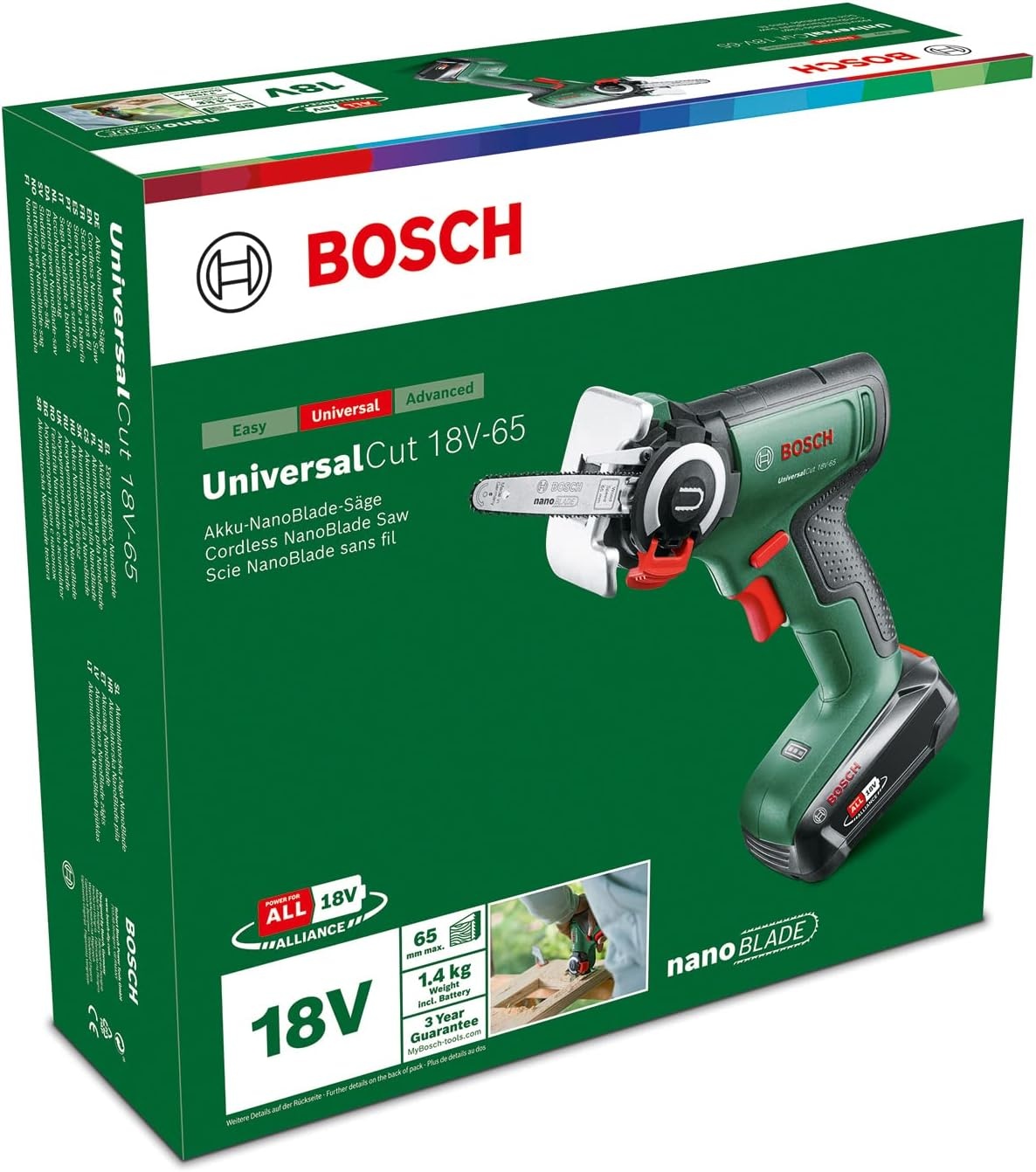 Bosch Accu-NanoBlade-zaag UniversalCut 18V-65 (snel vrij snijden in hout, houtmaterialen en plastic; max. zaagdiepte 65 mm; 18 volt-systeem; 1x 2,5 Ah accu en oplader) - Maat UniversalCut 18V