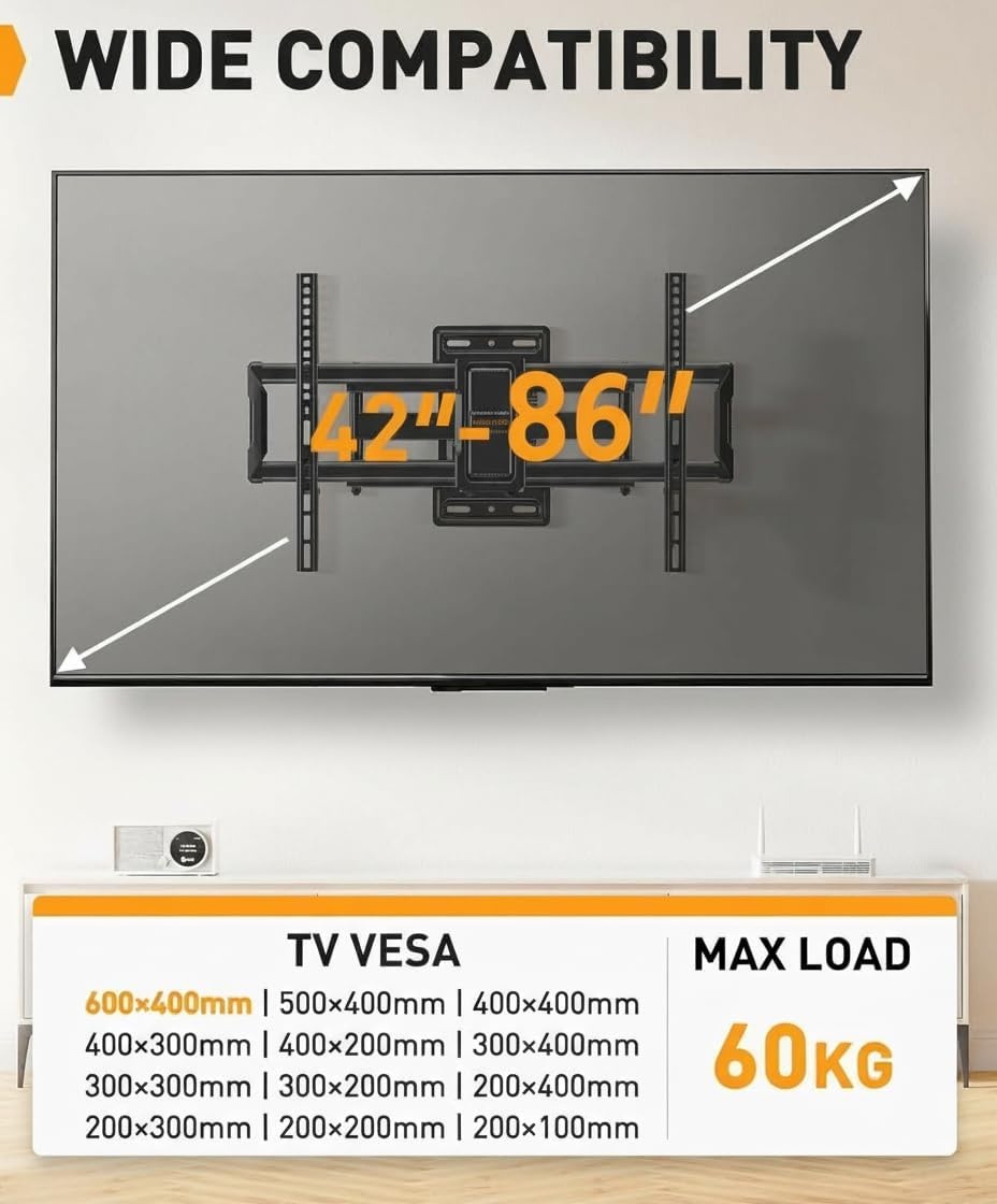 Perlegear TV-muurbeugel, zwenkbaar, kantelbaar, voor platte en gebogen tv's, max. VESA 600 x 400 mm, tot 60 kg