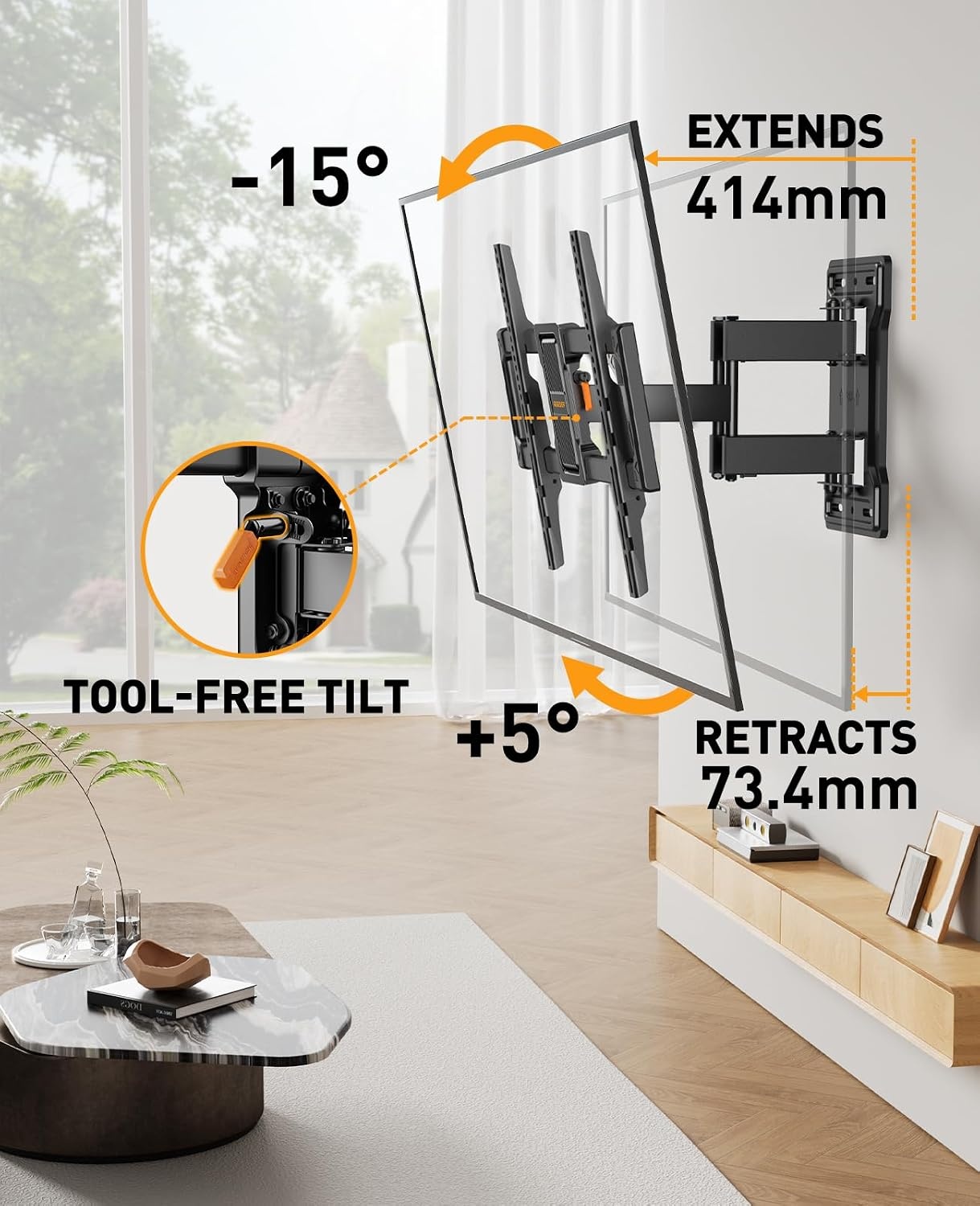 Perlegear TV-muurbeugel, zwenkbaar, kantelbaar, voor platte en gebogen tv's, max. VESA 600 x 400 mm, tot 60 kg