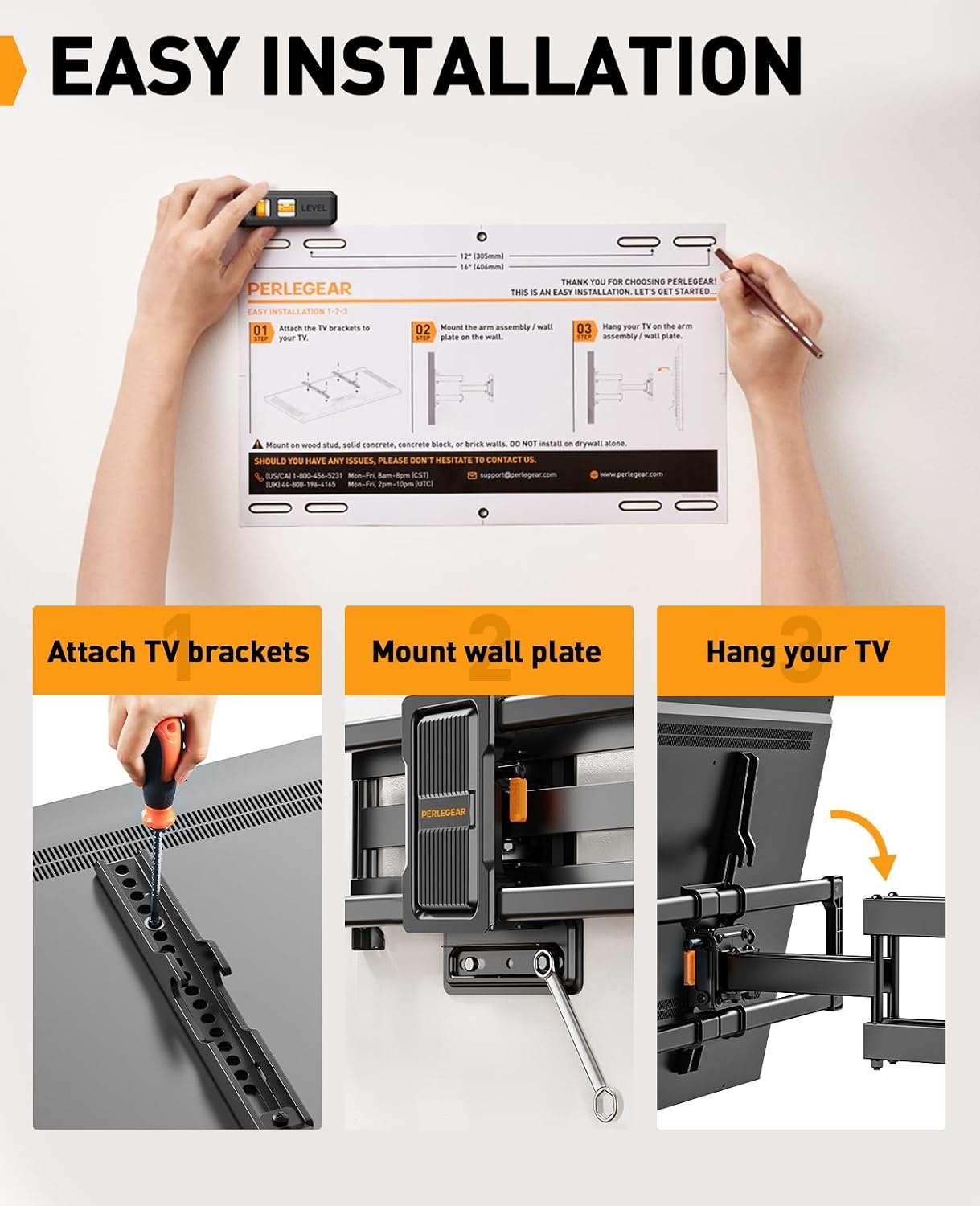 Perlegear TV-muurbeugel, zwenkbaar, kantelbaar, voor platte en gebogen tv's, max. VESA 600 x 400 mm, tot 60 kg