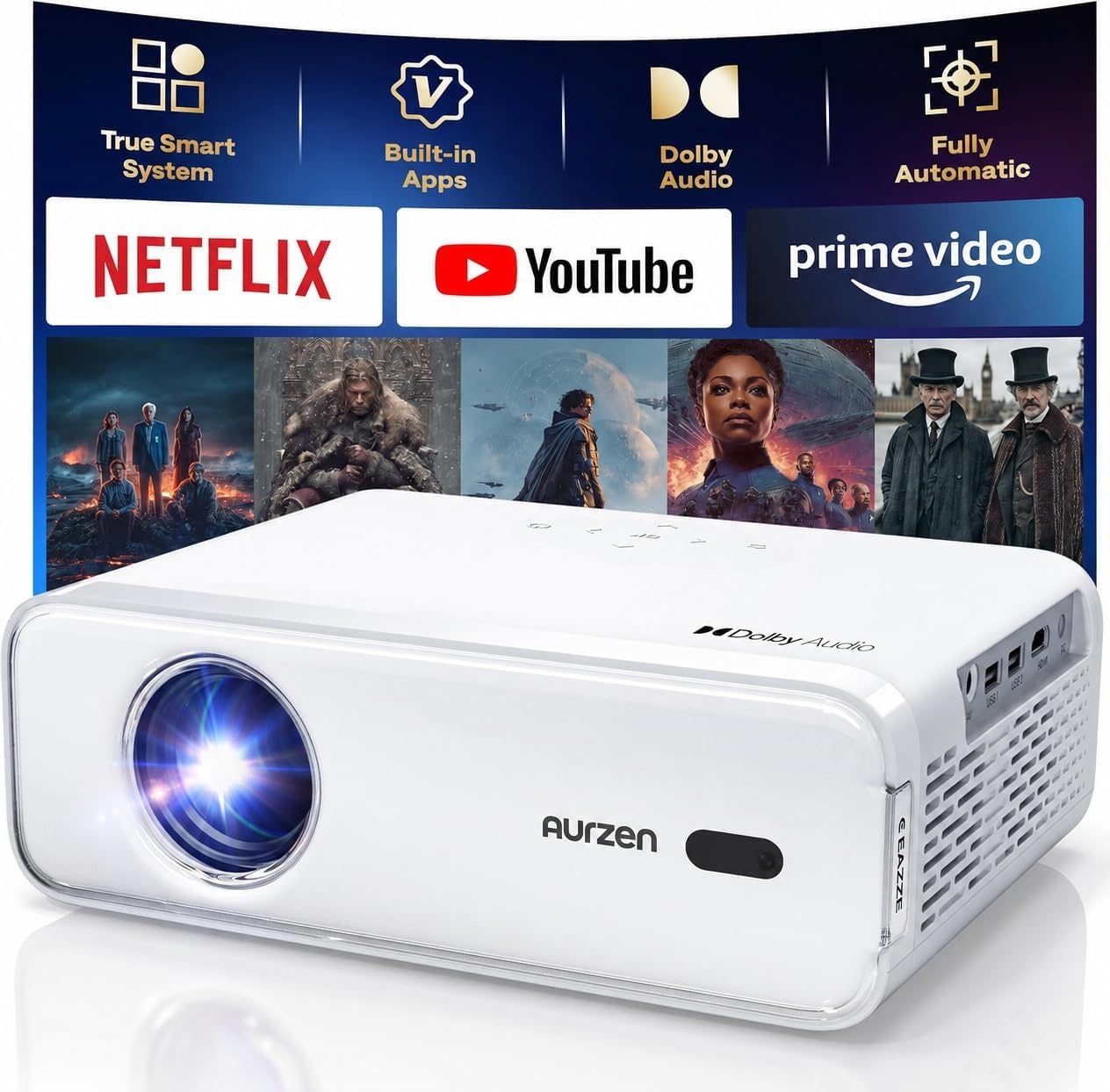 Aurzen EAZZE D1G Officiële Google TV 4K ondersteunde slimme projector met wifi en Bluetooth, autofocus en keystone, Dolby Audio, Zoom, Native 1080P draagbare mini-filmprojector voor thuis en buiten