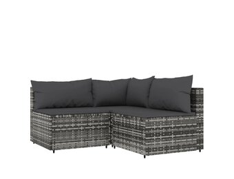 vidaXL 3-delige Loungeset met kussens poly rattan grijs