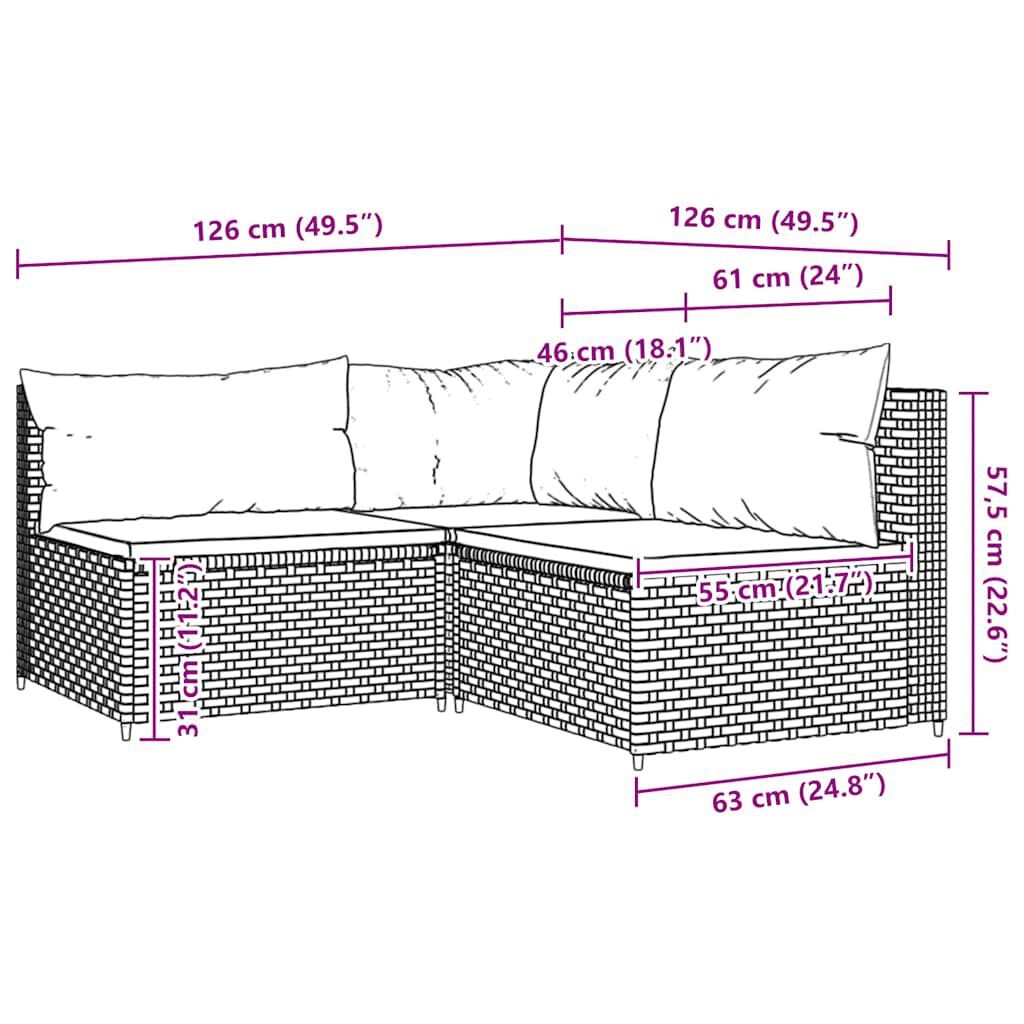 vidaXL 3-delige Loungeset met kussens poly rattan grijs