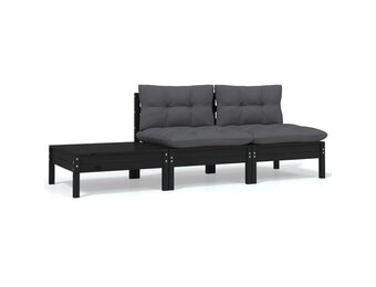 vidaXL 3-delige Loungeset met kussens massief grenenhout zwart