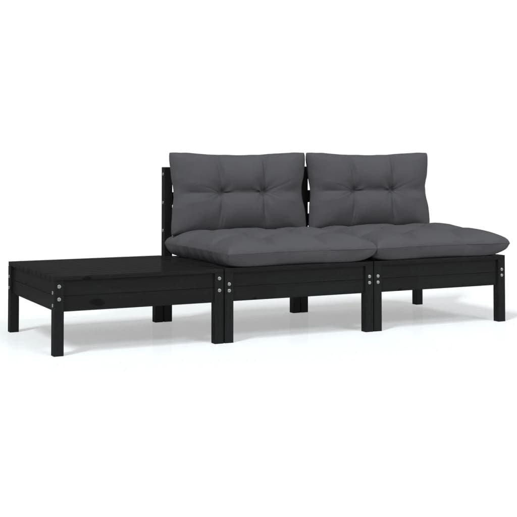 vidaXL 3-delige Loungeset met kussens massief grenenhout zwart