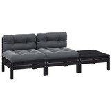 vidaXL 3-delige Loungeset met kussens massief grenenhout zwart