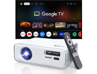 Aurzen EAZZE D1G Officiële Google TV 4K ondersteunde slimme projector met wifi en Bluetooth, autofocus en keystone, Dolby Audio, Zoom, Native 1080P draagbare mini-filmprojector voor thuis en buiten