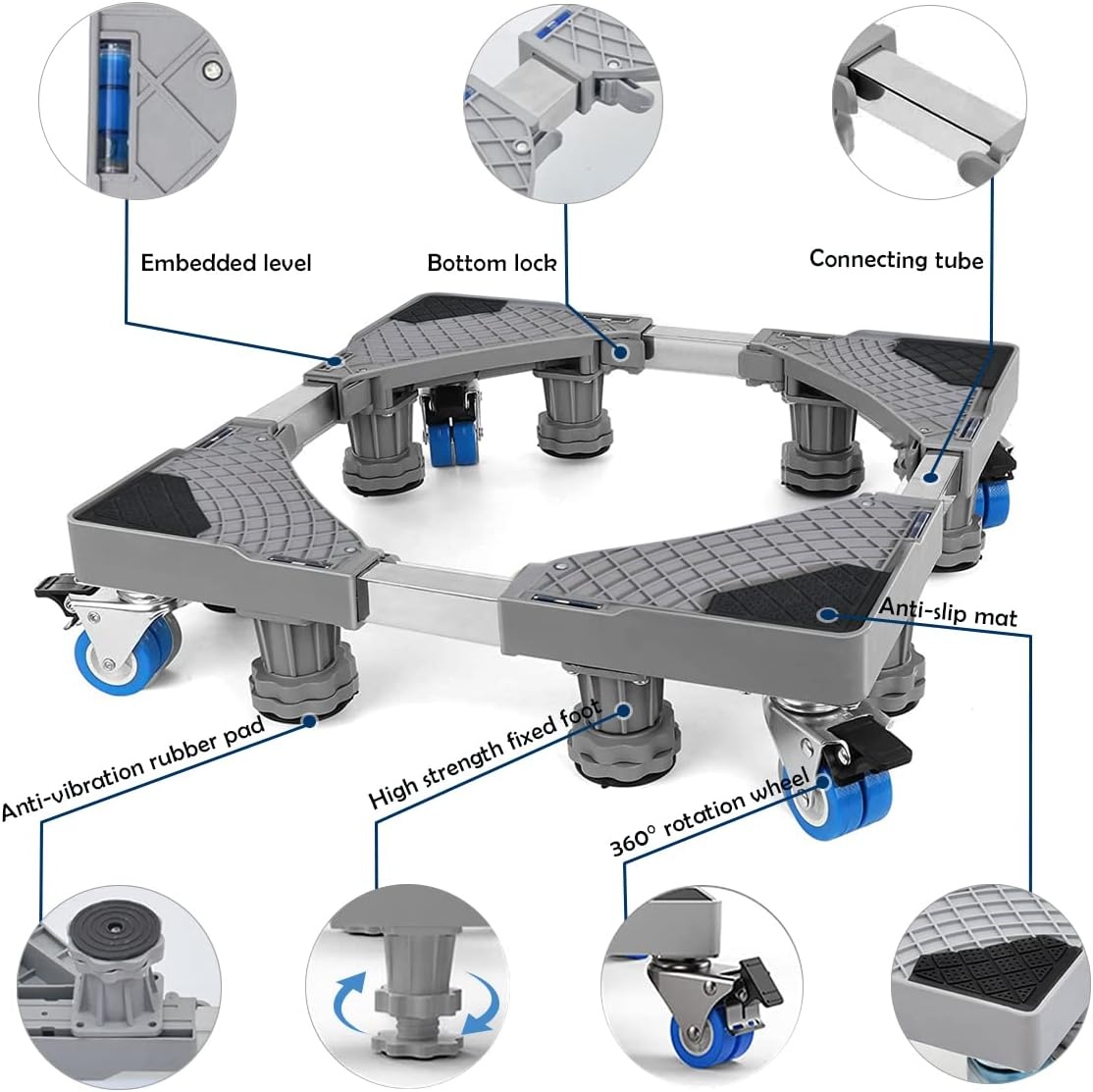 NIUXX Wasmachinebasis met 4 Wielen, wasmachine onderstel verstelbaar, basis voor wasmachine, max. 350 kg, verstelbare breedte 42-66 cm, hoogte 10-13 cm wasmachine voeten