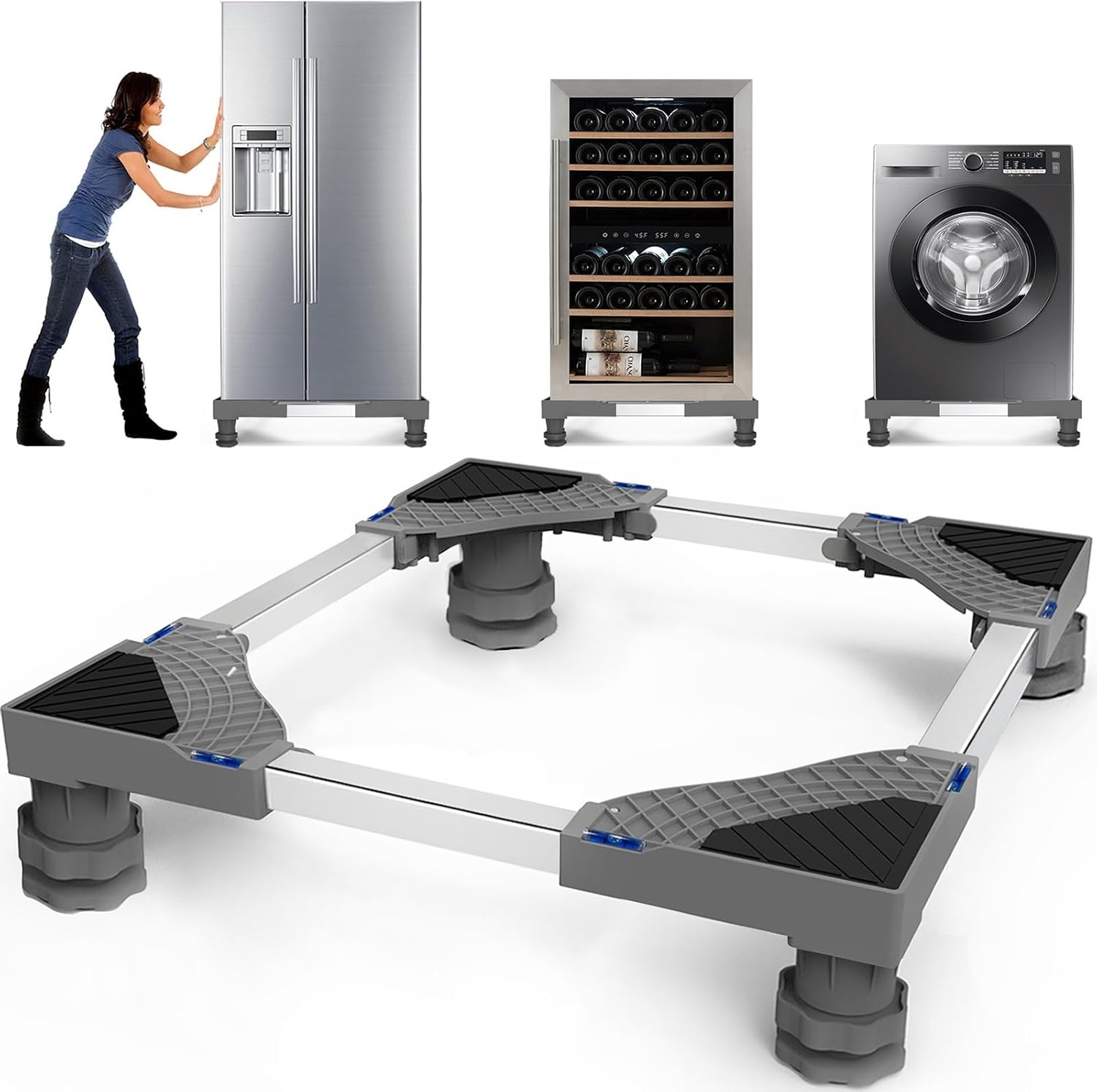 NIUXX Wasmachinebasis met 4 Wielen, wasmachine onderstel verstelbaar, basis voor wasmachine, max. 350 kg, verstelbare breedte 42-66 cm, hoogte 10-13 cm wasmachine voeten