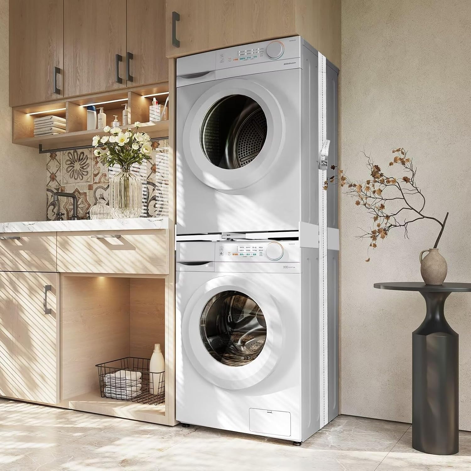 NIUXX Universeel verbindingsframe set voor wasmachine en droger, tusseninbouwframe kit voor 46-66 cm wasmachine-droger, stapelbouwset met ratelkabel, tusseninbouwset voor bijkeuken