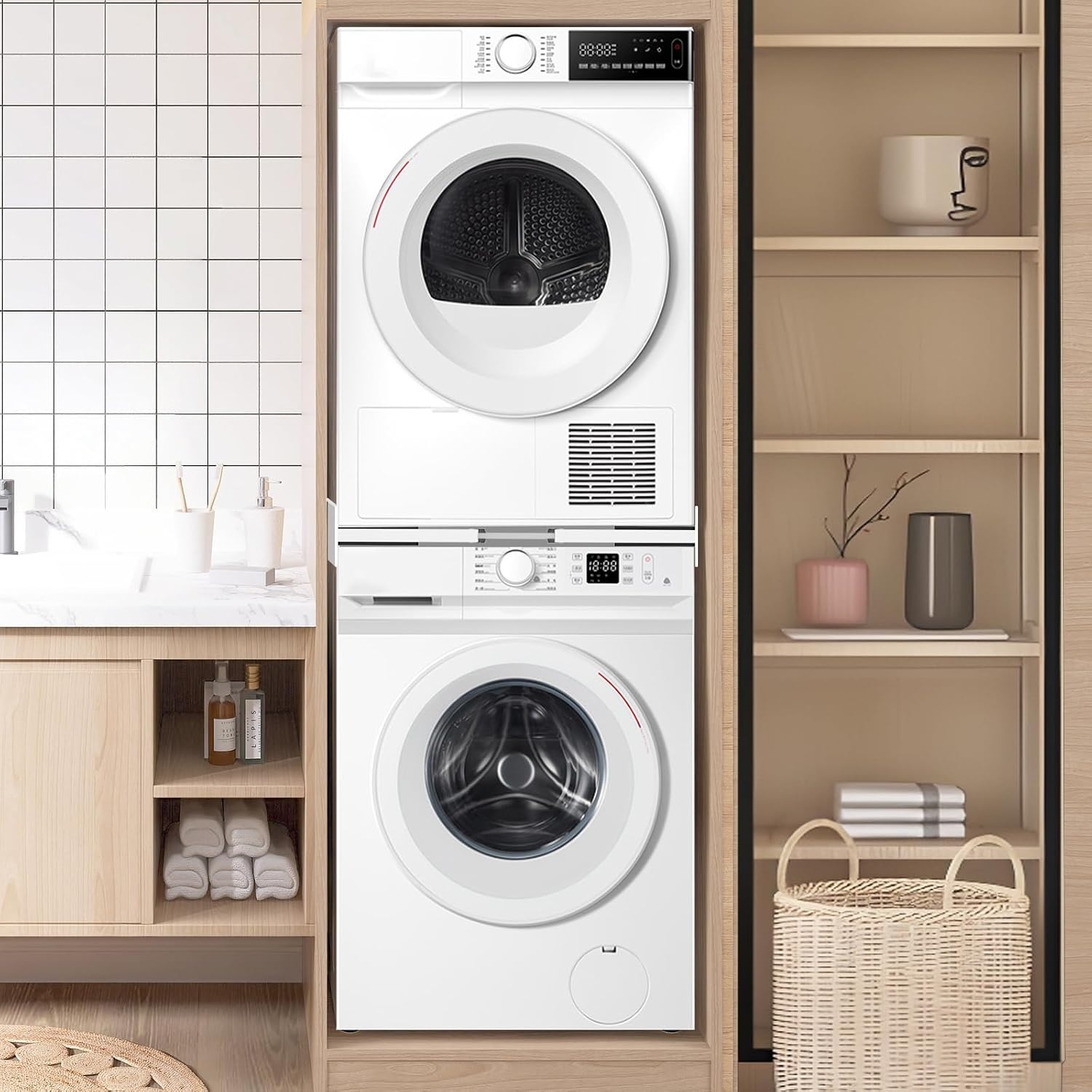 NIUXX Universeel verbindingsframe set voor wasmachine en droger, tusseninbouwframe kit voor 46-66 cm wasmachine-droger, stapelbouwset met ratelkabel, tusseninbouwset voor bijkeuken