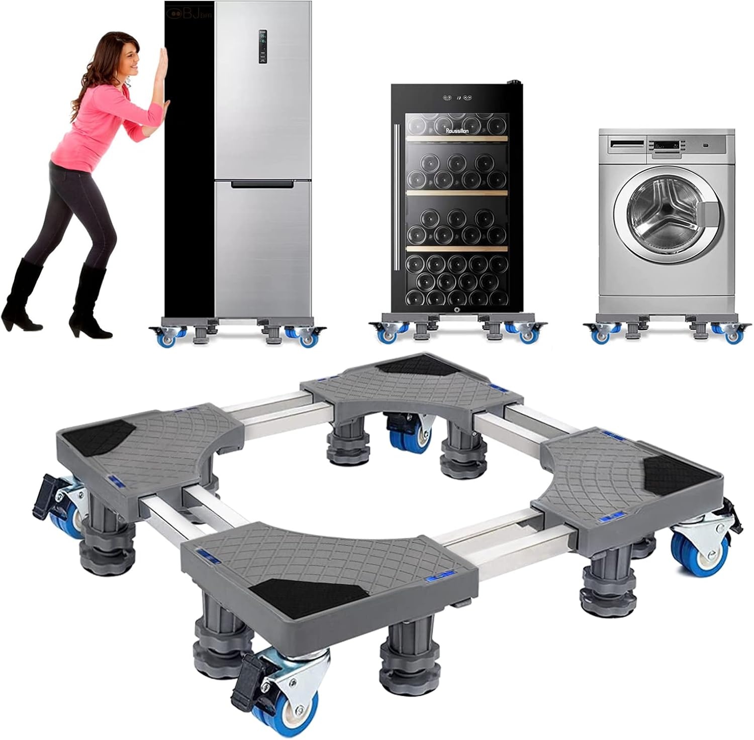 NIUXX Verstelbaar Wasmachineonderstel met 4 Wielen - Max. 400 kg - Breedte 53-68 cm - Hoogte 9.5-12.5 cm - Grijs