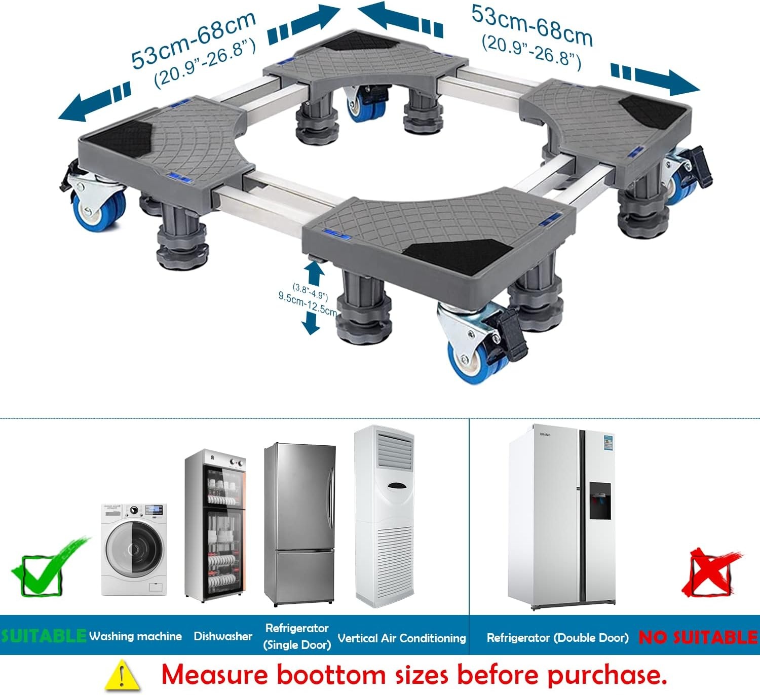 NIUXX Verstelbaar Wasmachineonderstel met 4 Wielen - Max. 400 kg - Breedte 53-68 cm - Hoogte 9.5-12.5 cm - Grijs
