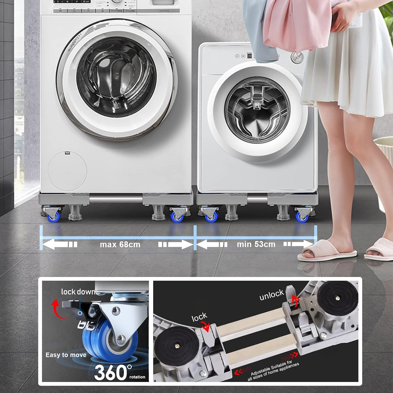 NIUXX Verstelbaar Wasmachineonderstel met 4 Wielen - Max. 400 kg - Breedte 53-68 cm - Hoogte 9.5-12.5 cm - Grijs
