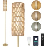 Rayofly Staande lamp, goud, woonkamer, dimbare tafellamp met afstandsbediening, app-bediening, rotan vloerlamp met lampenkap van rotan en linnen, vloerlamp voor slaapkamer