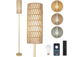 Gouden Rotan Vloerlamp met Linnen Kap - Dimbaar & App-bediening (40% Korting)