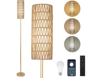 Rayofly Staande lamp, goud, woonkamer, dimbare tafellamp met afstandsbediening, app-bediening, rotan vloerlamp met lampenkap van rotan en linnen, vloerlamp voor slaapkamer