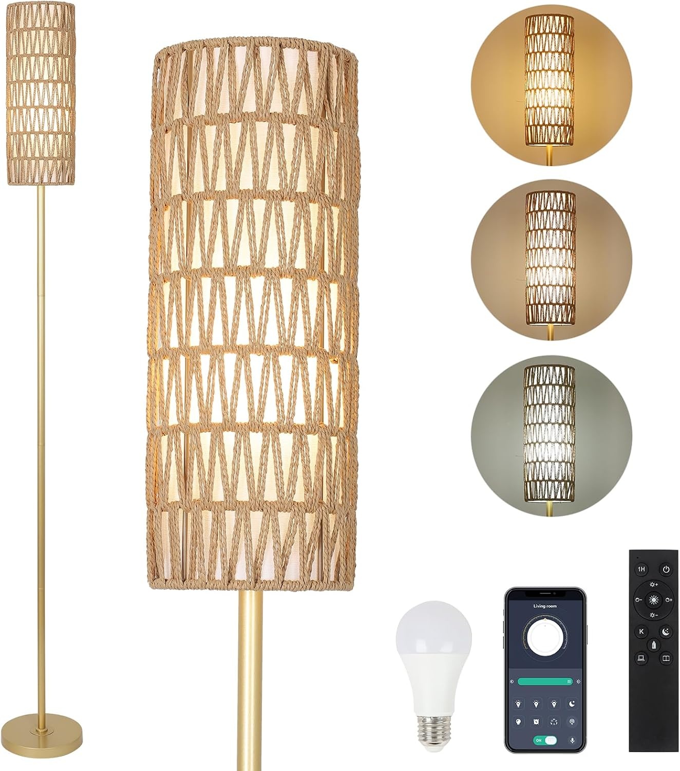 Rayofly Staande lamp, goud, woonkamer, dimbare tafellamp met afstandsbediening, app-bediening, rotan vloerlamp met lampenkap van rotan en linnen, vloerlamp voor slaapkamer