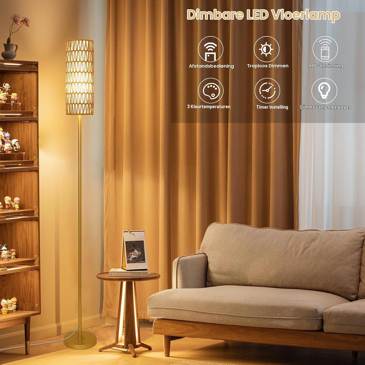 Rayofly Staande lamp, goud, woonkamer, dimbare tafellamp met afstandsbediening, app-bediening, rotan vloerlamp met lampenkap van rotan en linnen, vloerlamp voor slaapkamer