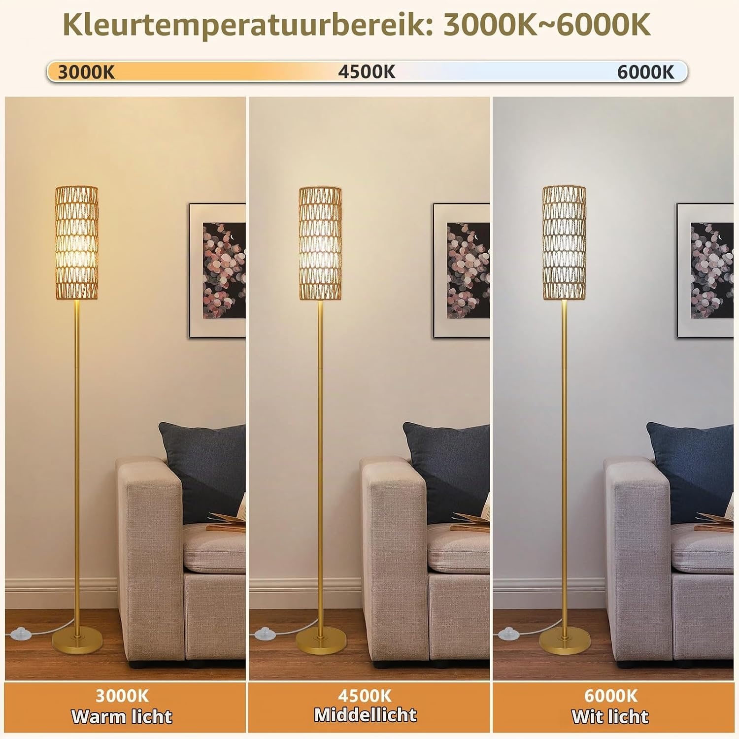 Rayofly Staande lamp, goud, woonkamer, dimbare tafellamp met afstandsbediening, app-bediening, rotan vloerlamp met lampenkap van rotan en linnen, vloerlamp voor slaapkamer