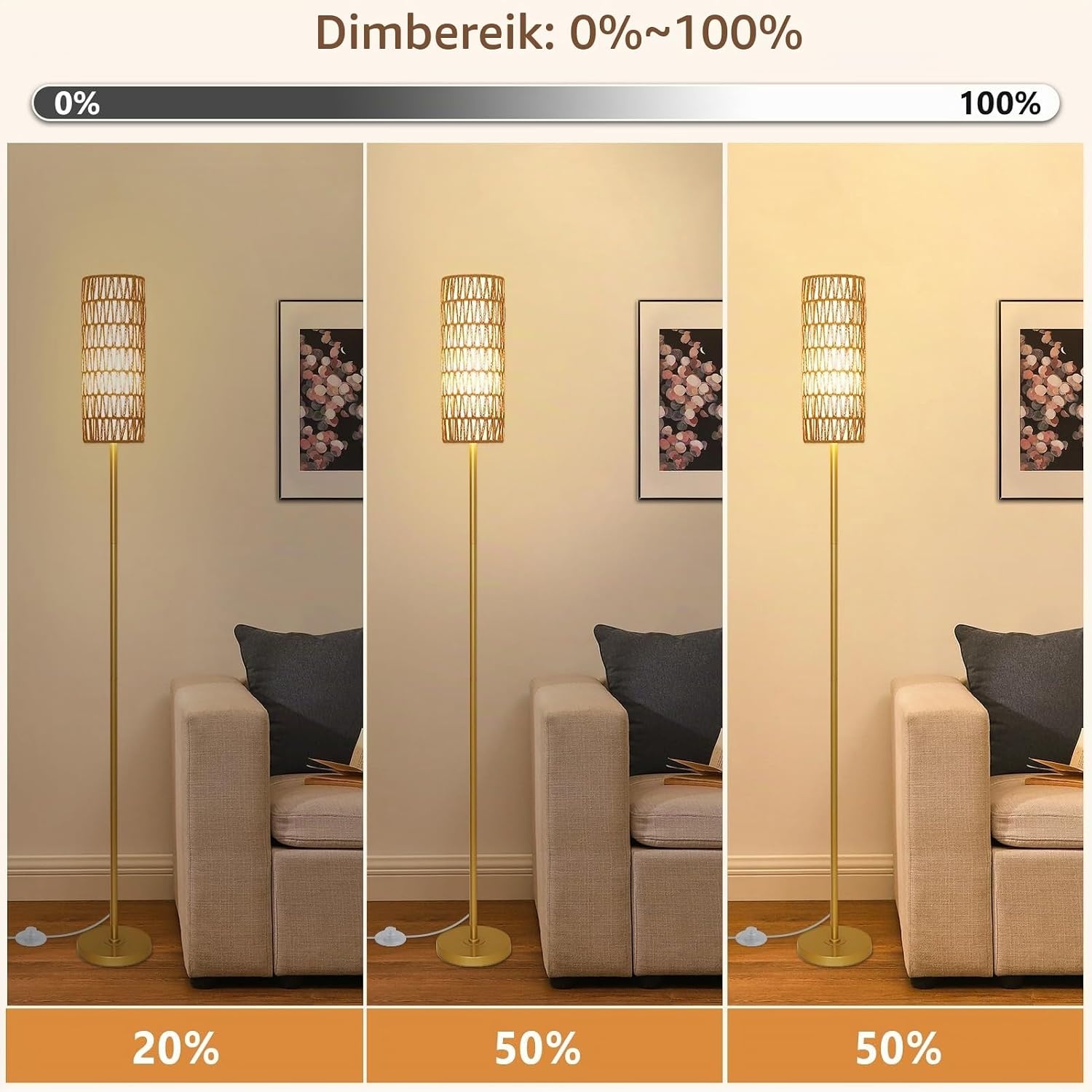 Rayofly Staande lamp, goud, woonkamer, dimbare tafellamp met afstandsbediening, app-bediening, rotan vloerlamp met lampenkap van rotan en linnen, vloerlamp voor slaapkamer