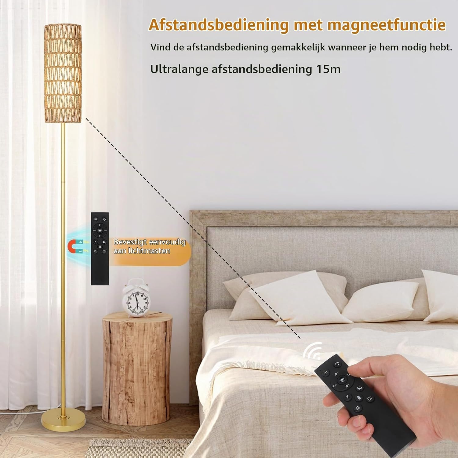 Rayofly Staande lamp, goud, woonkamer, dimbare tafellamp met afstandsbediening, app-bediening, rotan vloerlamp met lampenkap van rotan en linnen, vloerlamp voor slaapkamer