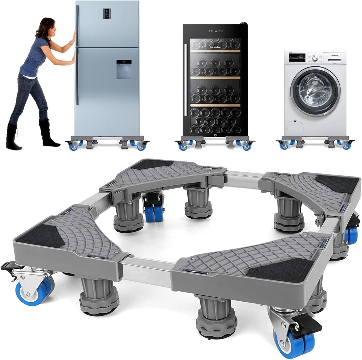 NIUXX Wasmachinebasis met 4 Wielen, wasmachine onderstel verstelbaar, basis voor wasmachine, max. 350 kg, verstelbare breedte 42-66 cm, hoogte 10-13 cm wasmachine voeten