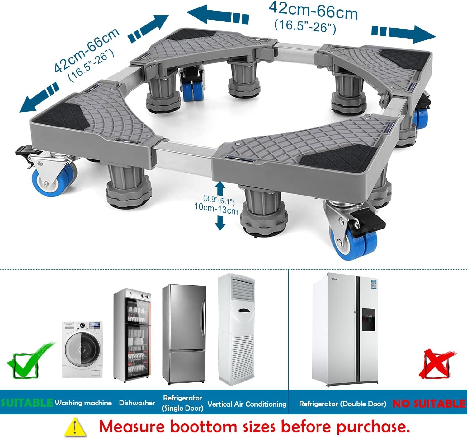 NIUXX Wasmachinebasis met 4 Wielen, wasmachine onderstel verstelbaar, basis voor wasmachine, max. 350 kg, verstelbare breedte 42-66 cm, hoogte 10-13 cm wasmachine voeten
