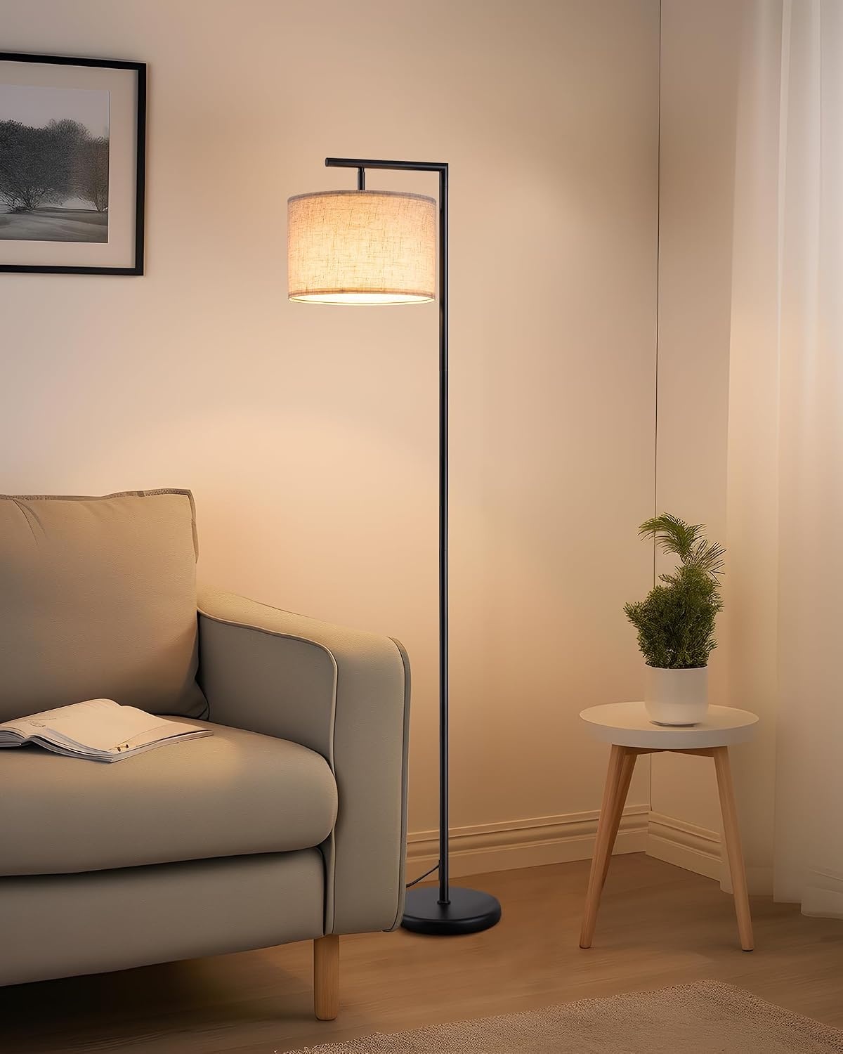EDISHINE Vloerlamp Woonkamer, Booglamp met Verstelbare Linnen Lampenkap, Leeslamp met E27 LED Lamp en Voetschakelaar, 160 cm Vloerlamp voor Slaapkamer, Onderliggenderkamer, Kantoor